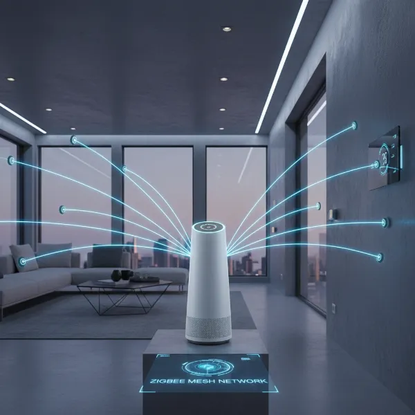 A conceptual image of a smart speaker wirelessly connecting to various smart home devices using Zigbee technology.