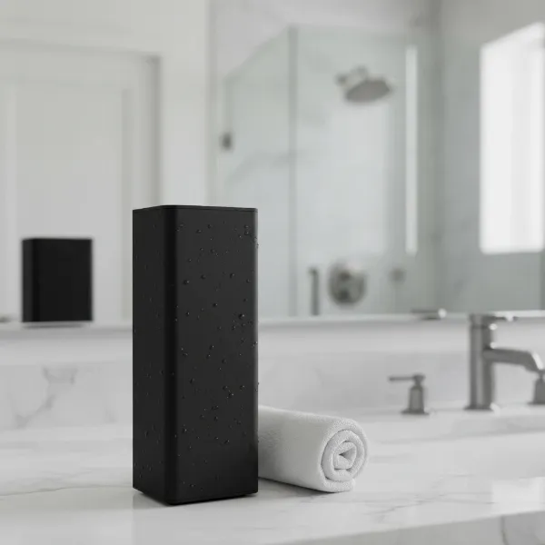 A sleek, minimalist Sonos Roam 2 smart speaker in a bathroom setting, highlighting its portable design and smart features.