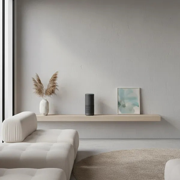 A smart speaker placed optimally in a living room, away from noise sources and reflective surfaces.
