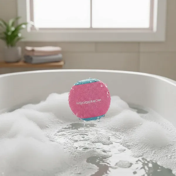 An Ultimate Ears Wonderboom 4 speaker floating playfully in a bathtub filled with water and bubbles, showcasing its waterproof capabilities.