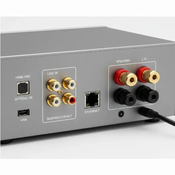 WiiM Amp's rear panel showcasing various input and output ports like HDMI ARC, optical, RCA, USB-A, and speaker terminals, symbolizing comprehensive connectivity options.