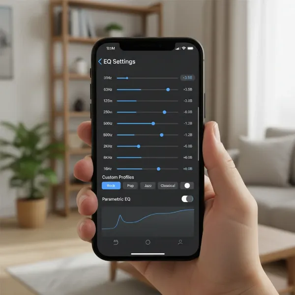 A user's hand interacting with a smartphone displaying the detailed EQ settings within the WiiM Home App, showing sliders for frequency adjustments and custom sound profiles, indicating advanced audio customization.