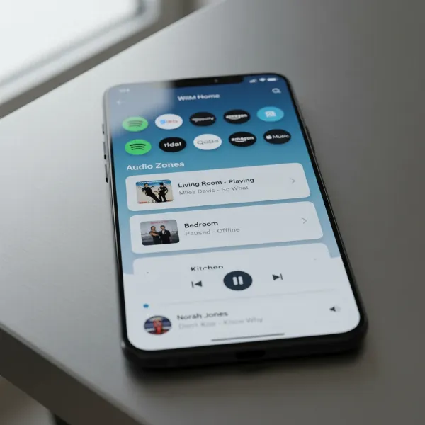 A modern smartphone displaying the user-friendly interface of the WiiM Home App, showing multi-room controls and music streaming options, illustrating seamless smart integration.