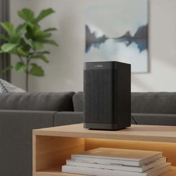 Front view of the sleek Yamaha MusicCast 20 smart speaker in a modern living room setting.