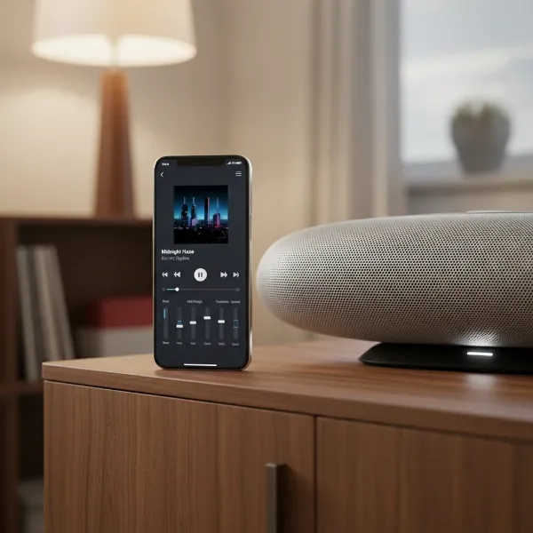 Bowers & Wilkins Music App interface on a smartphone controlling Zeppelin